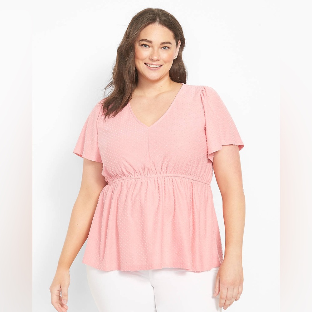 Lane Bryant Swing Flutter-Sleeve Swiss Dot Babydoll Top V-Neck in Peony S 22/24